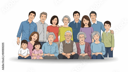 Large asian family group portrait with multiple generations standing and sitting
