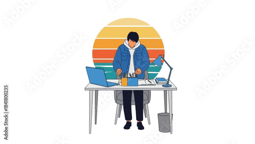 Illustration of a person working at a desk with a laptop and a retro sunset background