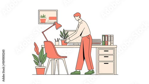 Illustration of a person working at a desk with plants and office supplies minimalist design