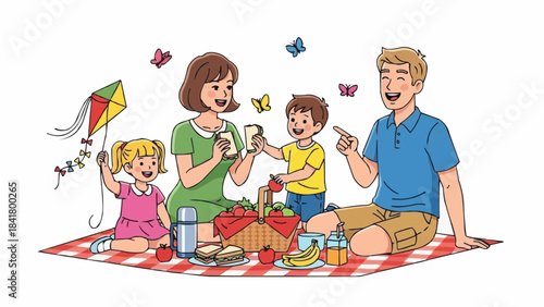 Happy family having a picnic outdoors with kite and food