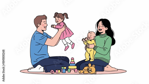 Happy family playing with two young children on the floor
