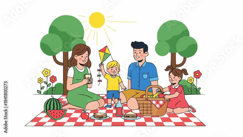 Happy family having a picnic outdoors under the sun with trees and flowers