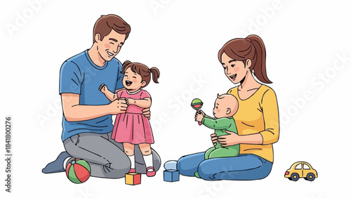 Happy family playing with toddler and baby on