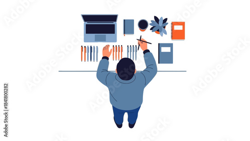 Illustration of a person working on a creative project with a laptop and pens