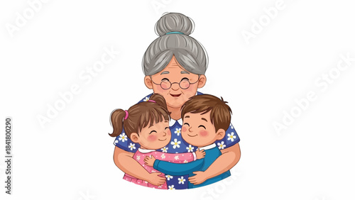 Happy grandmother hugging grandchildren with love and affection