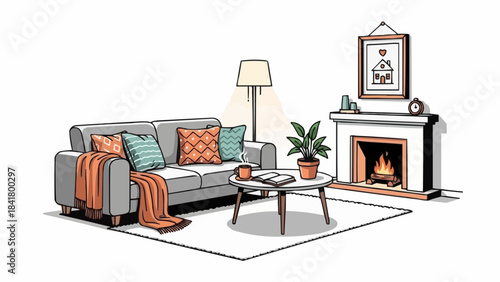 Cozy living room interior sketch with sofa, fireplace, and houseplant