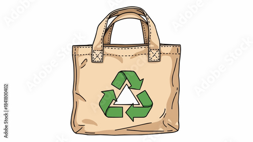 Hand drawn illustration of a beige reusable shopping tote bag with recycling symbol