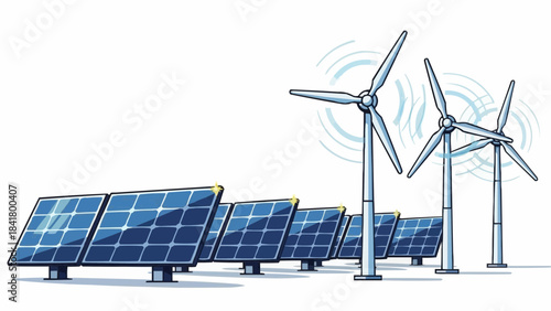 Solar panels and wind turbines generating renewable energy