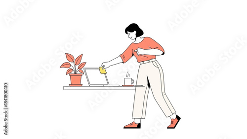 Illustration of a woman adding a sticky note to a laptop computer on a desk