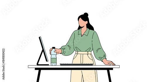Illustration of a woman at a desk with a computer and a bottle of water minimal graphic design