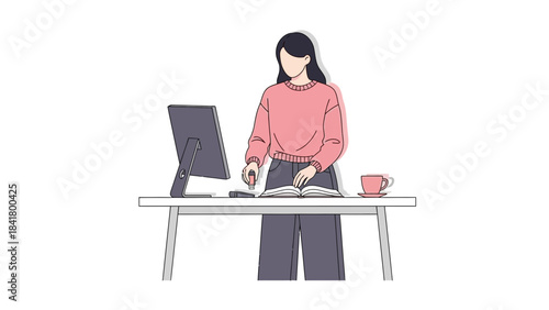 Illustration of a woman at a desk with a computer, book, and coffee cup