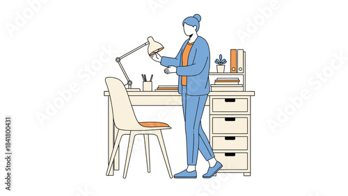 Illustration of a woman at a desk in her home office with a lamp, chair, and drawers