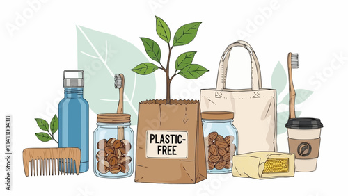 Ecofriendly products and zero waste lifestyle concept illustration