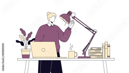 Illustration of a woman at a desk with a laptop and a lamp working at home