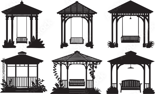 Collection of Gazebos with Swings and Benches in Garden Settings