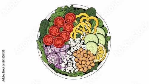 Healthy greek salad bowl with feta, chickpeas, tomato, cucumber, and onion