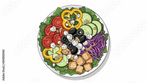 Hand drawn greek salad with tofu, olives, cucumber, tomato, and bell pepper