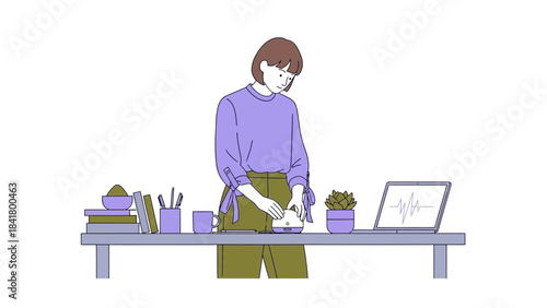 Illustration of a woman at a desk with a laptop and a small plant, minimalist style design