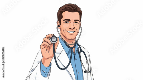 Smiling male doctor holding stethoscope towards viewer in illustration style