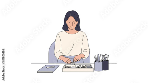Illustration of a woman at a desk with pens, scissors and a notebook in simple style design