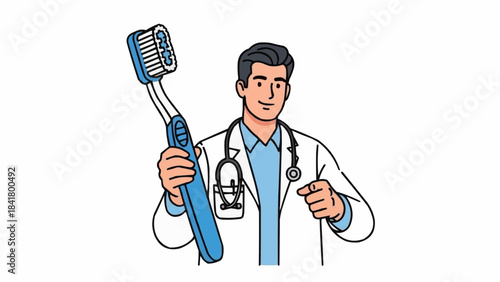 Dentist or doctor holding up a large toothbrush for dental care advice