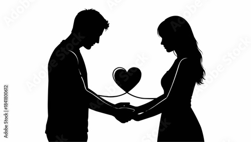 Silhouette of a couple holding hands with a heart connecting them