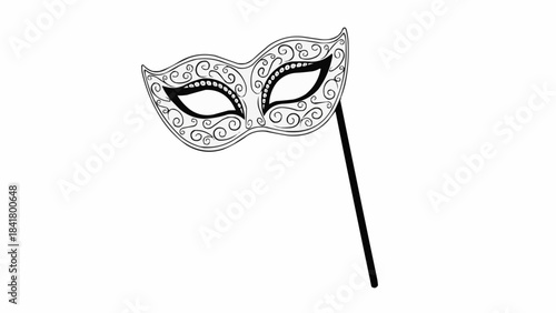 Hand drawn masquerade mask on a stick, carnival venetian accessory outline