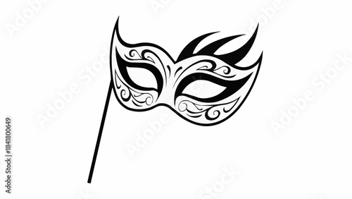 Black and white masquerade ball mask on a stick