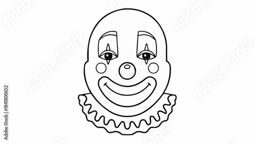 Outline drawing of a sad clown face with ruff collar, black and white line art