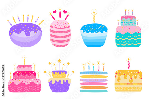 Birthday colorful cakes collection in flat doodle style isolated on white background. Birthday cakes with celebration candles and decorations. Happy birthday party elements.Vector illustration. 