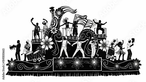 Black history month parade float silhouette with people celebrating and waving flags