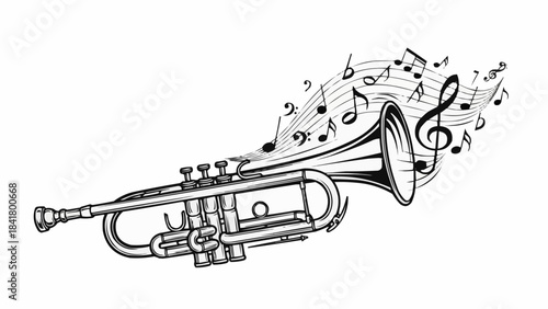 Black and white sketch illustration of a trumpet with musical notes flowing out