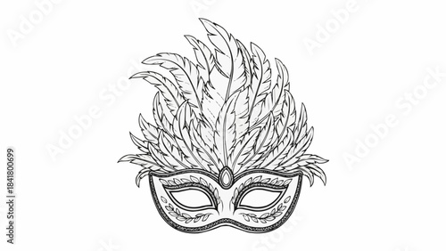 Hand drawn masquerade mask with feathers sketch