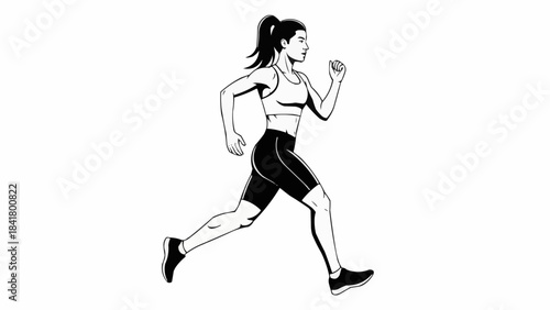 Woman running side view black and white line art style