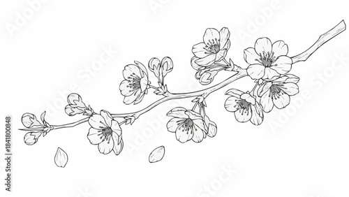Hand drawn sketch of almond blossoms branch with flowers and petals