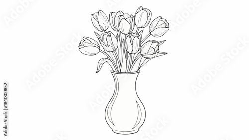 Black and white sketch of tulips bouquet in a vase