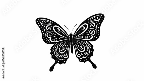 Black and white decorative butterfly illustration with swirl patterns