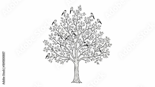 Black and white drawing of a tree with many birds perched on its branches