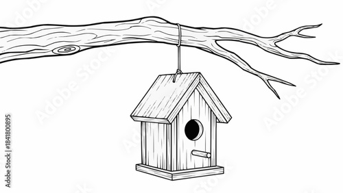 Hand drawn birdhouse hanging from a tree branch outline sketch