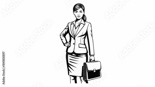 Black and white illustration of professional businesswoman holding a briefcase
