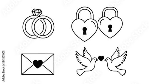 A collection of four simple line art icons representing love and commitment: wedding rings, heart-shaped locks, an envelope with a heart, and two doves carrying a heart.