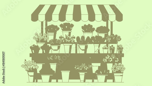 Floral Market Stall: A charming floral market stall showcasing an array of fresh, vibrant blooms in pots and buckets under a striped awning, evoking a sense of the outdoor shopping experience.