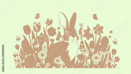 A detailed silhouette illustration of a rabbit sitting among various spring flowers and butterflies, in a muted brown and green color palette.