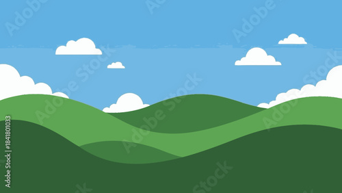 A vibrant cartoon illustration of rolling green hills under a bright blue sky dotted with fluffy white clouds.