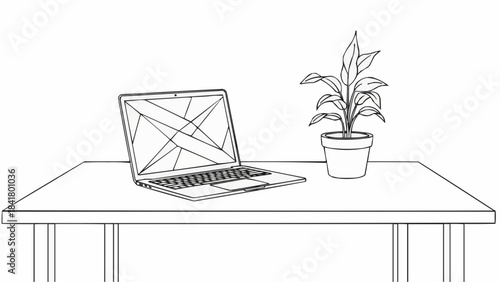 laptop and plant on table, line art clip art preview