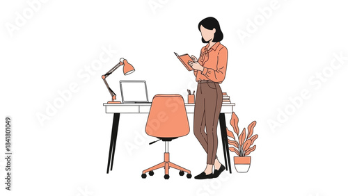 Illustration of a woman at her desk, reading a book, in a minimalist style