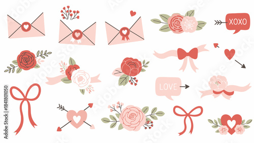 Sweethearts' stationery design: A charming arrangement of Valentine's Day elements with delightful illustrations of envelopes, bouquets, bows and arrows in soft, romantic hues.