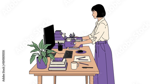 Illustration of a woman at her office desk with a computer and plant