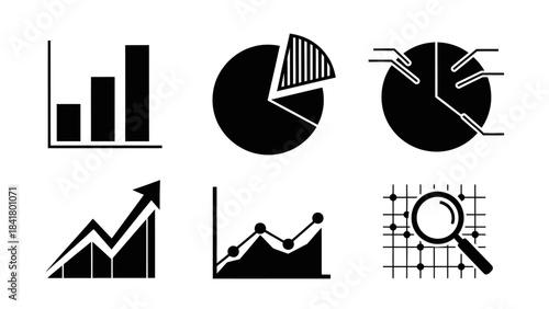 Business Data Analysis: Graphic showcasing various statistical charts, graphs, and a magnifying glass for data analysis and business insights. A simple visual for presentation