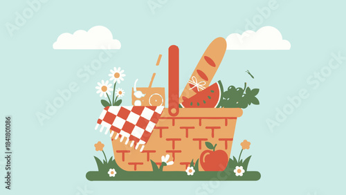 A charming illustration of a picnic basket filled with food and a checkered blanket, set against a soft blue sky with clouds.